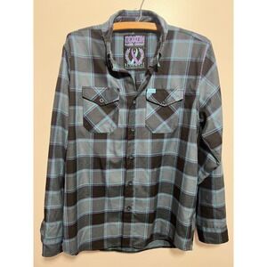 Dixxon Flannel Co Resilience Plaid Shirt Mens Large Grey Purple Teal D-Tech L